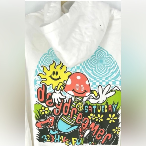 NWOT Day Dreamer Flyer White Hoodie Sweat Shirt Happy Saturday Mushroom Size Sm - Picture 6 of 9